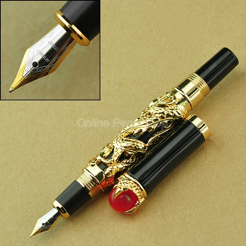 Jinhao High Grade Dragon King 18KGP M Nib Fountain Pen Metal Embossing Red Jewelry on Top Golden Drawing Writing Ink Pen JF008