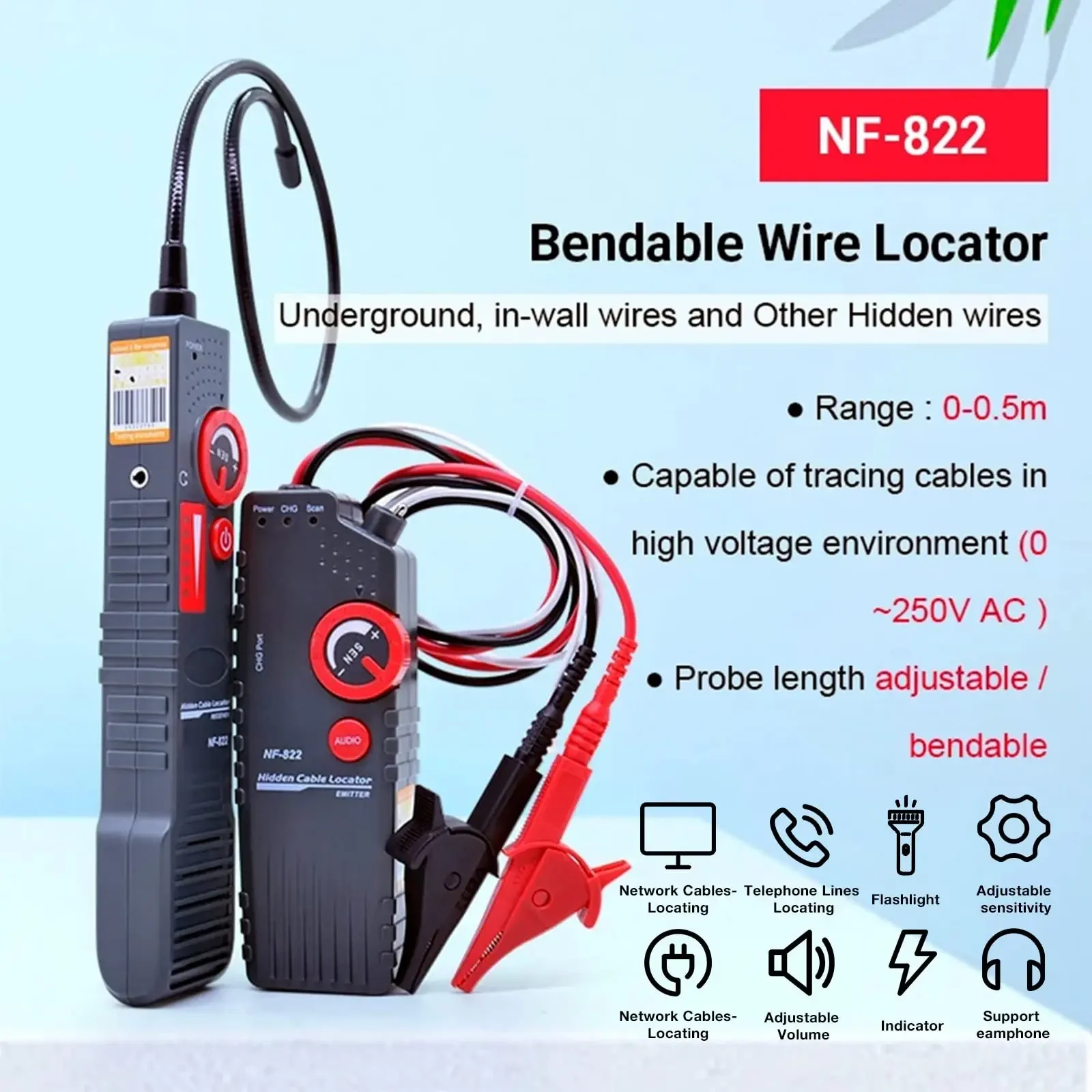 Rastreador de cables subterráneo de NF-822, localizador de cables antiinterferencias, rastreador de cables de alto y bajo voltaje, buscador de cables