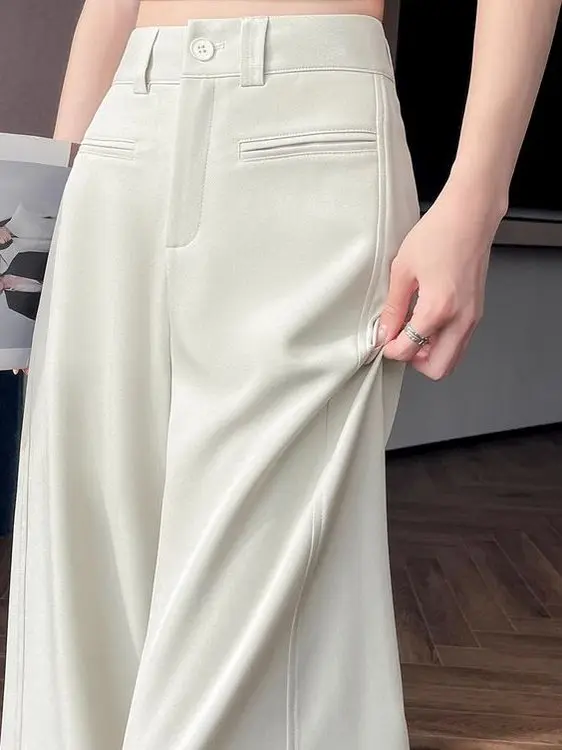 

Бежевые женские брюки-костюмные с высокой талией, прямые, повседневные, узкого кроя, струящиеся, широкие штанины, осень 2025, новинка