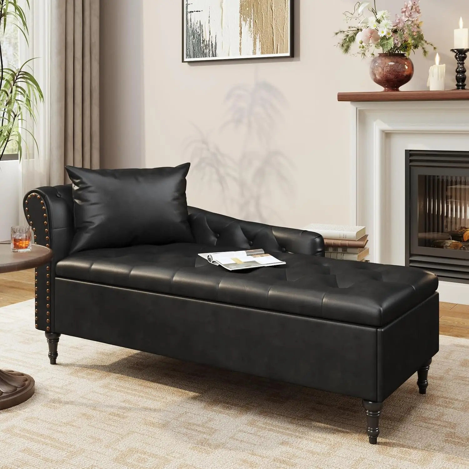 Black Faux Leather Chaise Lounge Chair with Storage, Button Tufted, Nailhead Trim, Lumbar Pillow & Solid Wood Legs