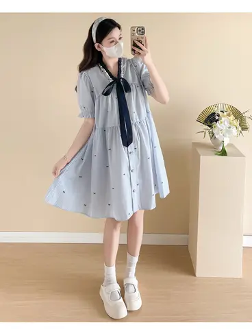 Maternity Summer Clothes Block Collar Bowknot Collar Pregnant Women Pleated Shirts Loose Pregnnacy Chiffon Blouses Wholesale