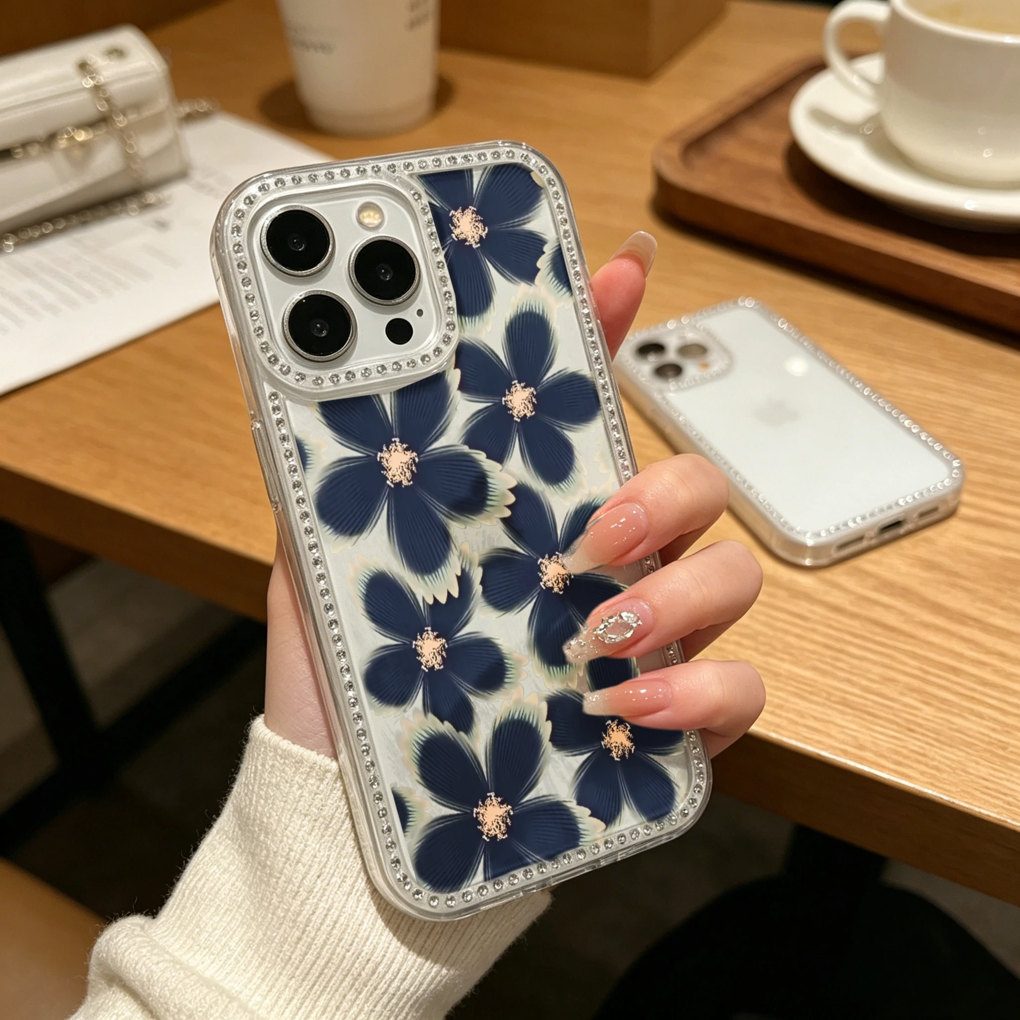 Clear Bling Rhinestone TPU Phone Case  Elegant Floral, Navy Blue Flowers With Rhinestone Accents And Pearl Border Design  Shockproof Slim Protective Cover for iPhone 12-16 All Models view 4