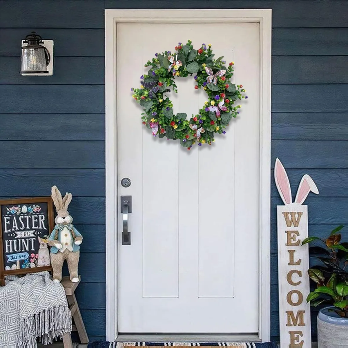 

Spring Wreath for Front Door, 16.5in Summer Wreath with Butterfly Multi-Colored Flower Green Eucalyptus Leaves,