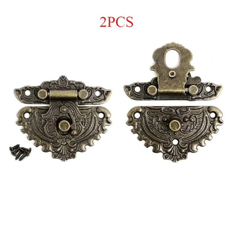 2pcs Vintage Chinese Floral Engraved Box Latch Heart-Shaped Zinc Alloy Hasp Clasp for Decorative Gift Boxes