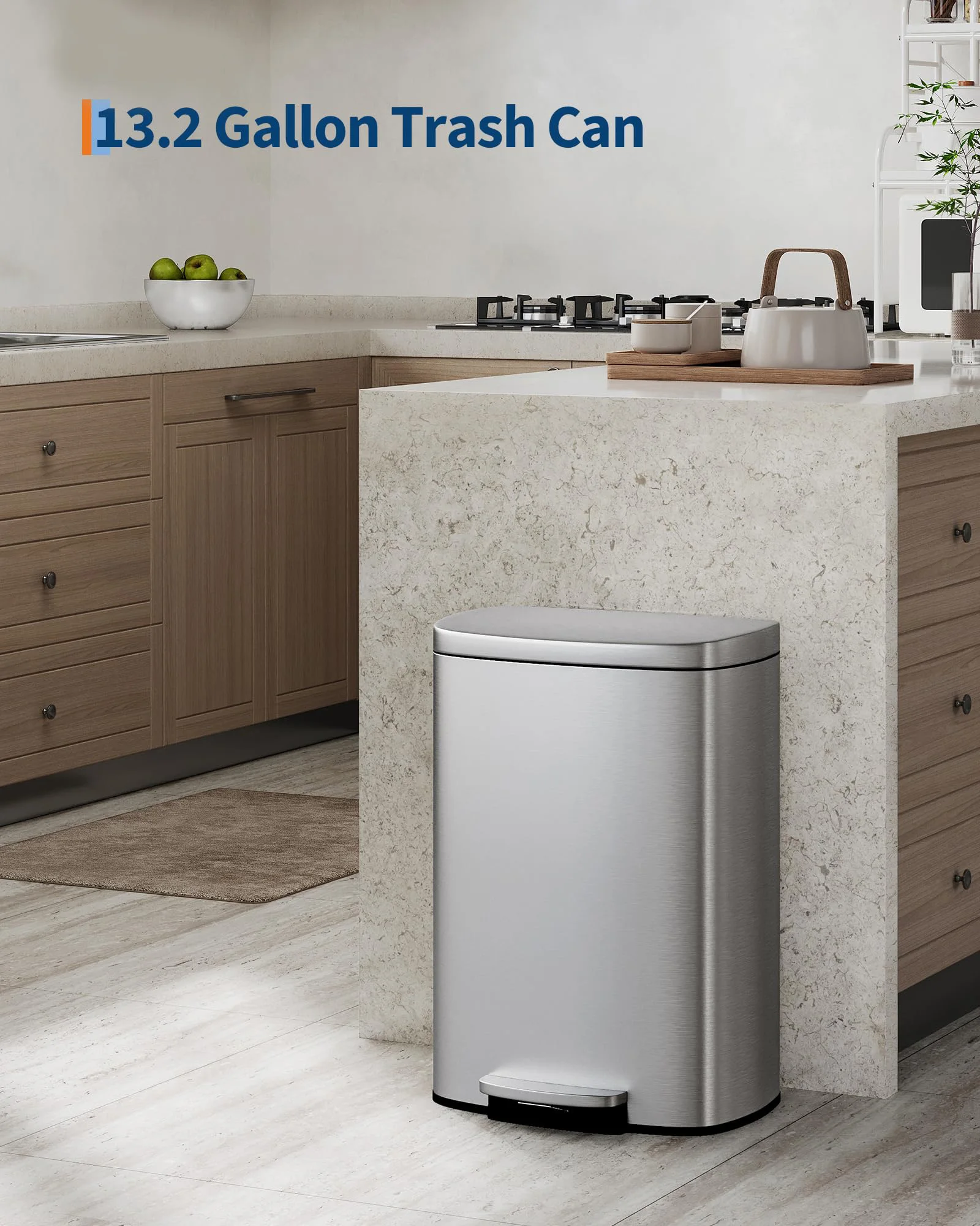 

13.2 Gallon 50L Stainless Steel Step Trash Can With Soft-Close Lid Hands-Free Foot Pedal Removable Inner Bucket Rustproof