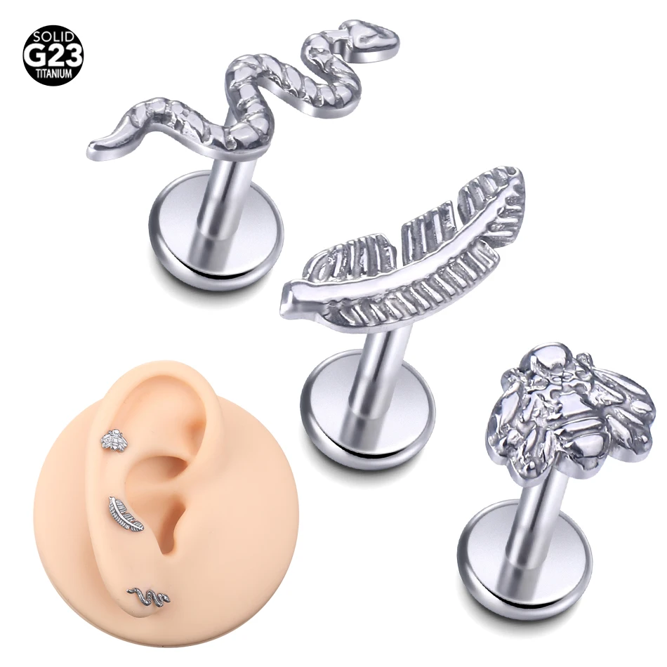 1PC G23 Titanium Snake Bee Feather Labret Stud Piercing Daith Earring Cartilage Helix Tragus Internal Thread Lip Pierccing 16G