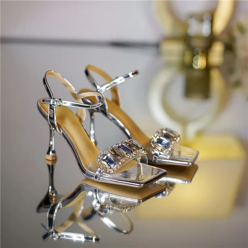 Gold Silver High Heels Sandals Women 2024 Summer Square Toe Shiny Crystal Sandals Woman Ankle Straps Thin Heel Party Pumps Shoes