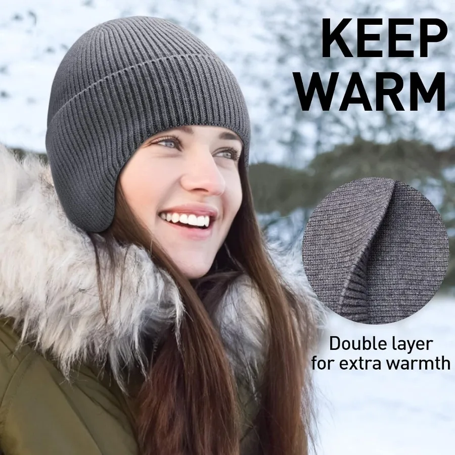 Topi Musim Dingin Pria Wanita untuk Lari Bersepeda dengan Penutup Telinga, Topi Rajut Termal Hangat Anti Angin dan Anti Dingin