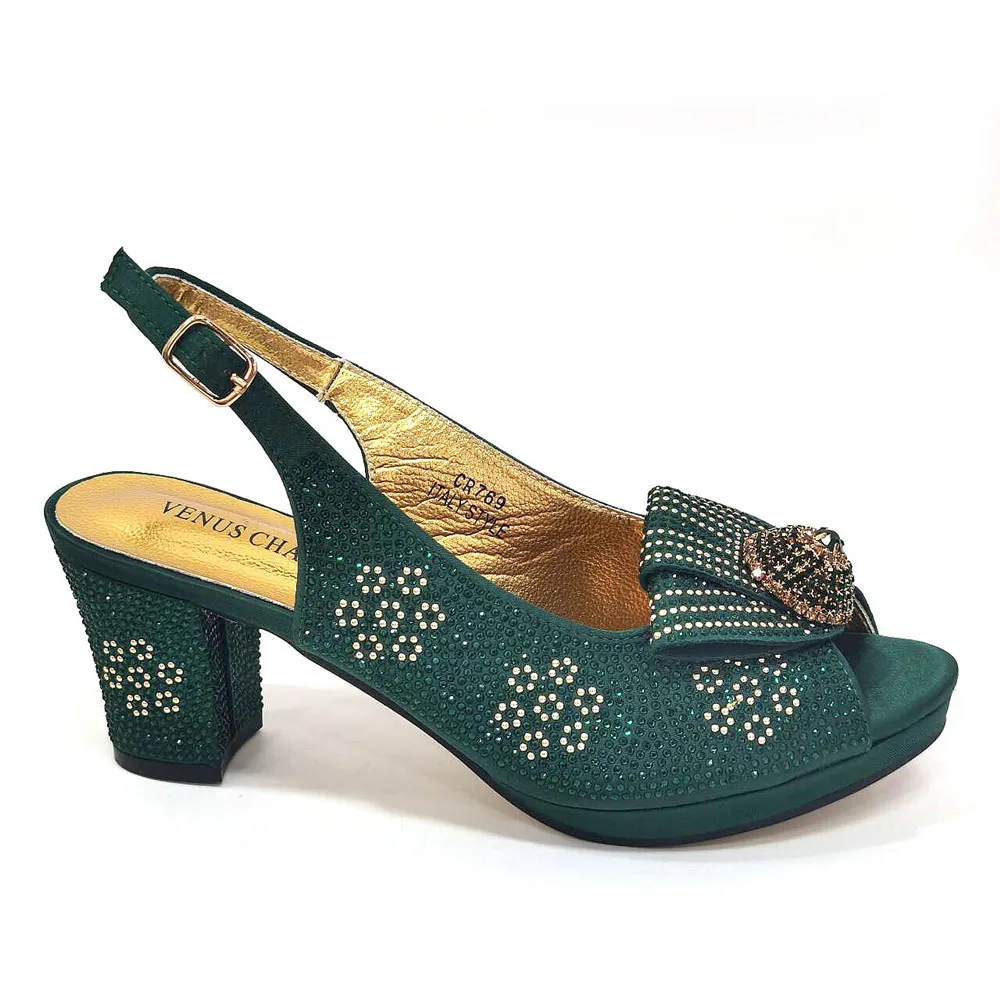 Pattern Popularity Newest Sandals Ladies Shoes and Bag Set Full Diamond Fashion Design Green Color Pumps for Wedding Party