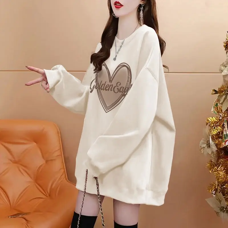 Simplicity Casual Autumn Winter Women O-Neck Love Printing Fashion Trend Versatile Loose Long Sleeve Mid-length Sweatshirts Tops