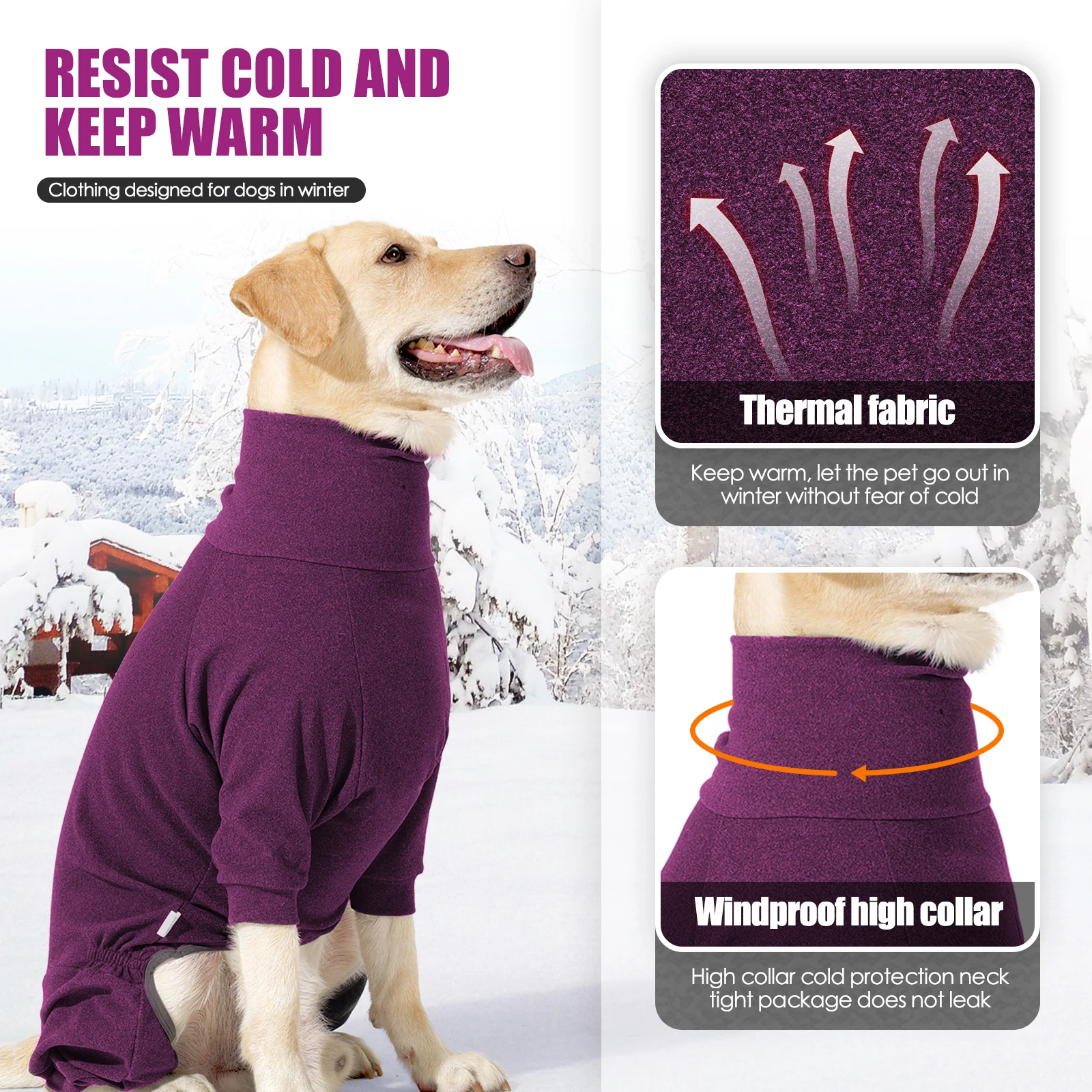 Windproof Warm Fleece Dog Clothes Winter High Collar Dog Overalls Jumpsuit for Large Dogs Adjustable Soft Undershirt with 4 Legs