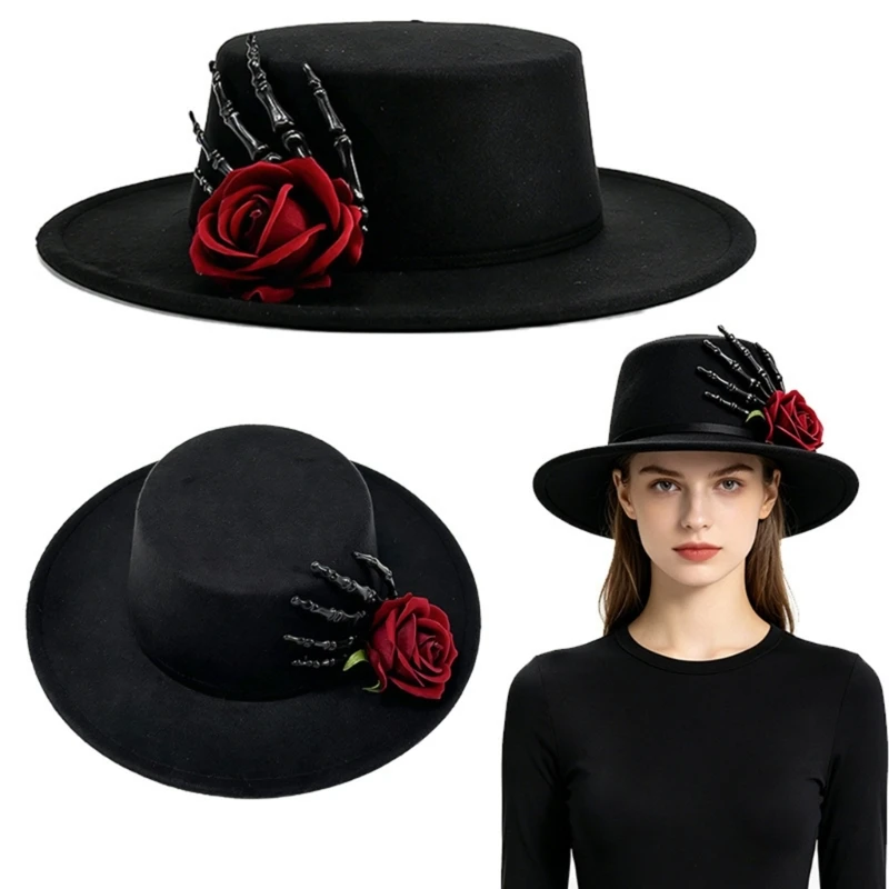 Black Cosplay Hat with Layered Sewn-On Skeleton Hand and Rose Accents, Wide Brims Hat for Stage Performances and Gothic D0UB