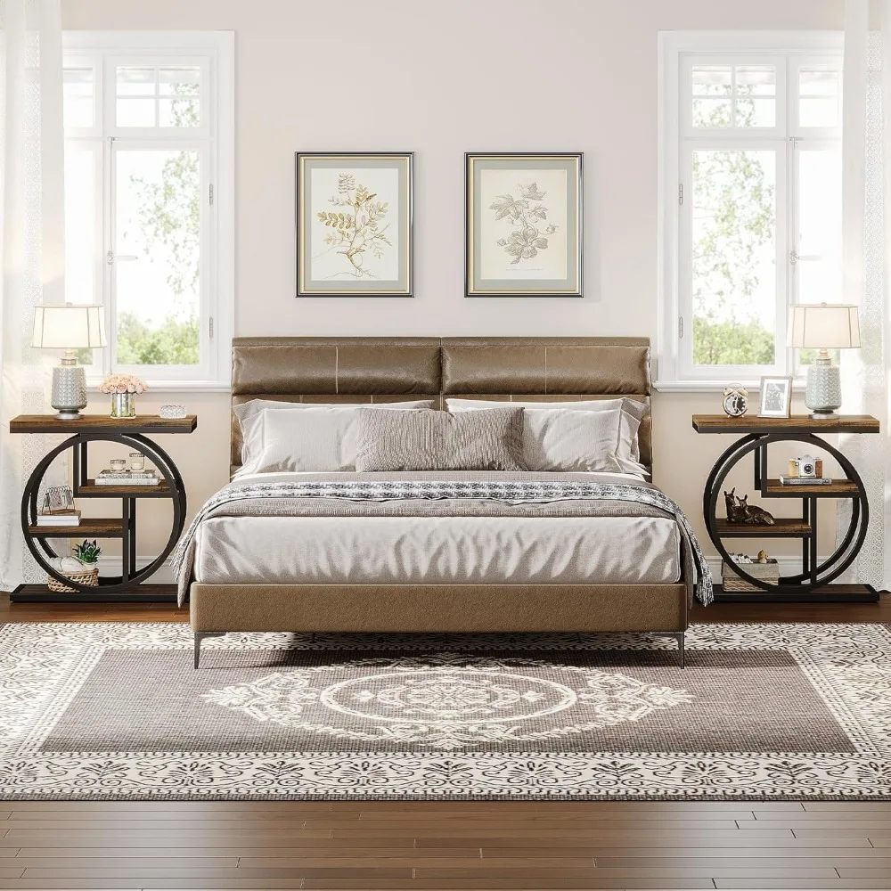 مجموعة طاولة جانبية مكونة من 2، طاولة جانبية ضيقة من 4 طبقات مع أرفف تخزين، طاولة جانبية للأريكة الصغيرة الخشبية مع معدن هندسي #5