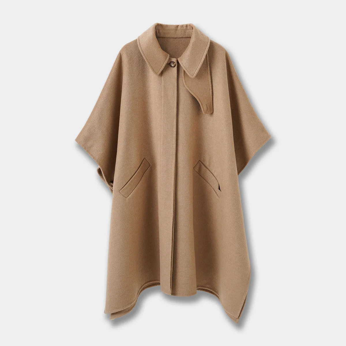 Lange dubbelzijdige wollen jas met capuchon van wolmix, beige revers, tweewegschoudercape, geschikt voor herfst-25-jas