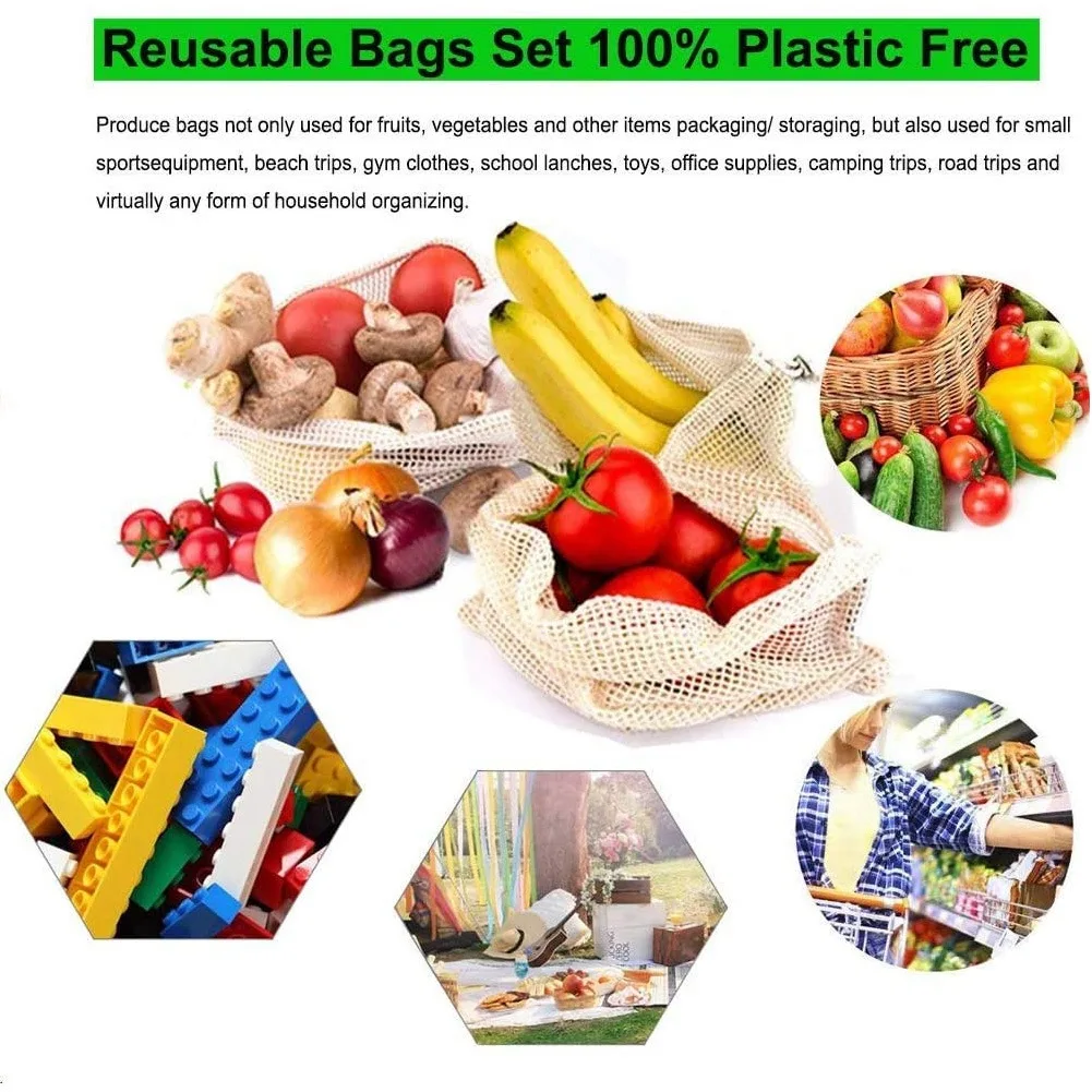 Bags9 PCS Juego de bolsas de productos de malla reutilizables para comestibles, verduras y almacenamiento Bolsas de algodón