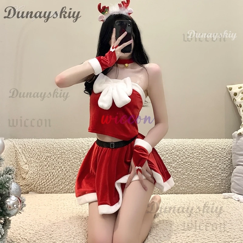 Costume de père Noël de Noël pour femmes, vêtements de sauna de flocon de neige, gants, robe sexy, uniforme chaud, tenues en peluche, olympiques de cosplay