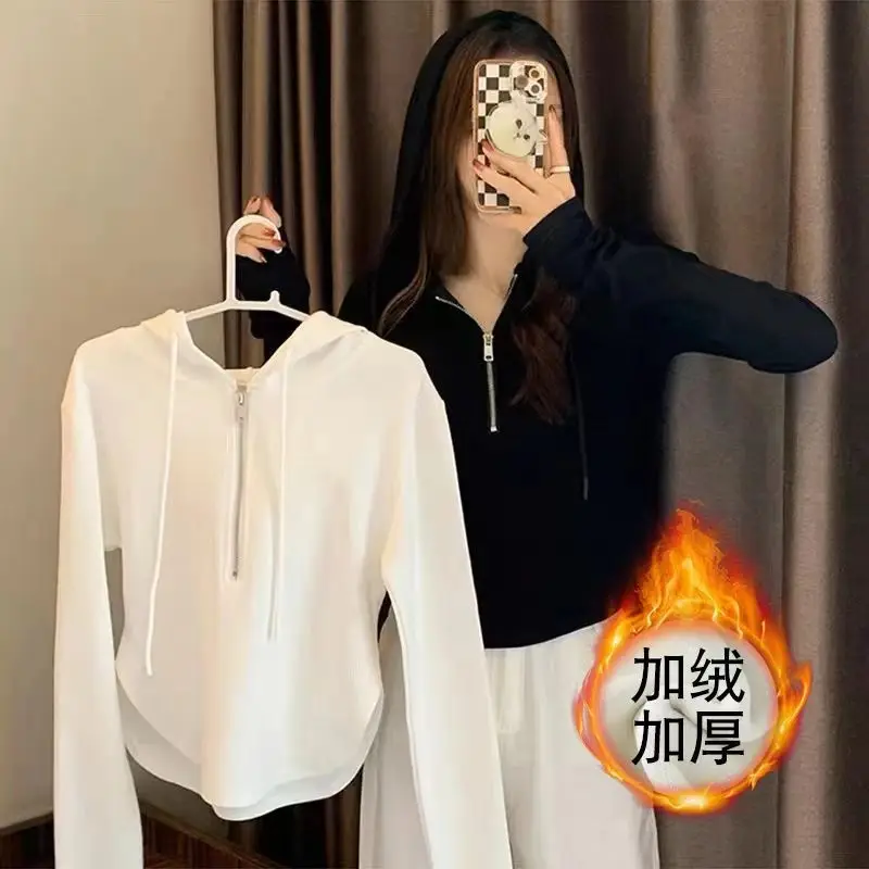 

Autumn and Winter New Fleece Hooded Long-sleeved Sweater Women's Design Sense Short Top Small Inner Bottoming Shirt