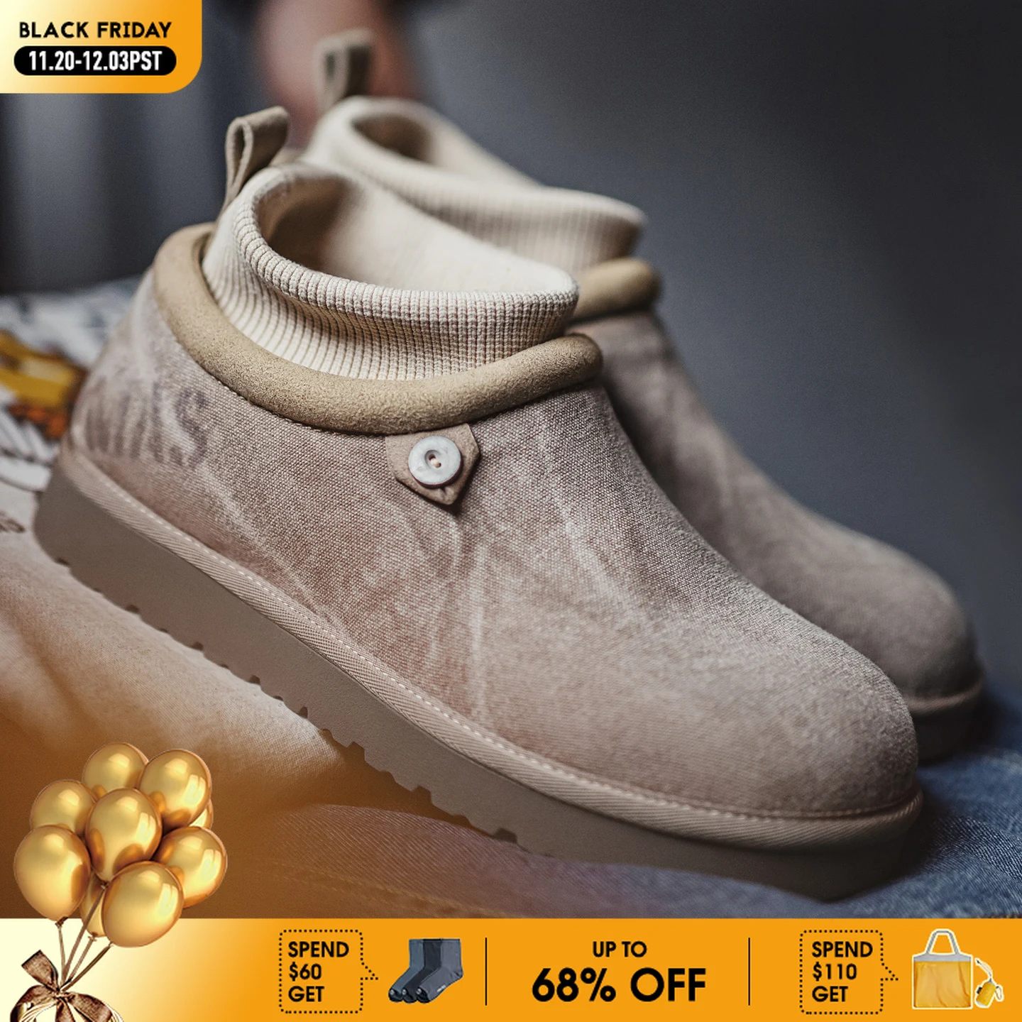 

Maden Men's Casual Warm Fleece-Lined Snow Boots Slip-On Patchwork Ankle Low-top Boots Winter Outdoor Shoes for Cold Weather