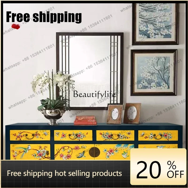 jj5 New Chinese TV Cabinet Solid Wood Retro Painted Elm Furniture Hand Painted Old Living Room Storage Storage Floor Cabinet