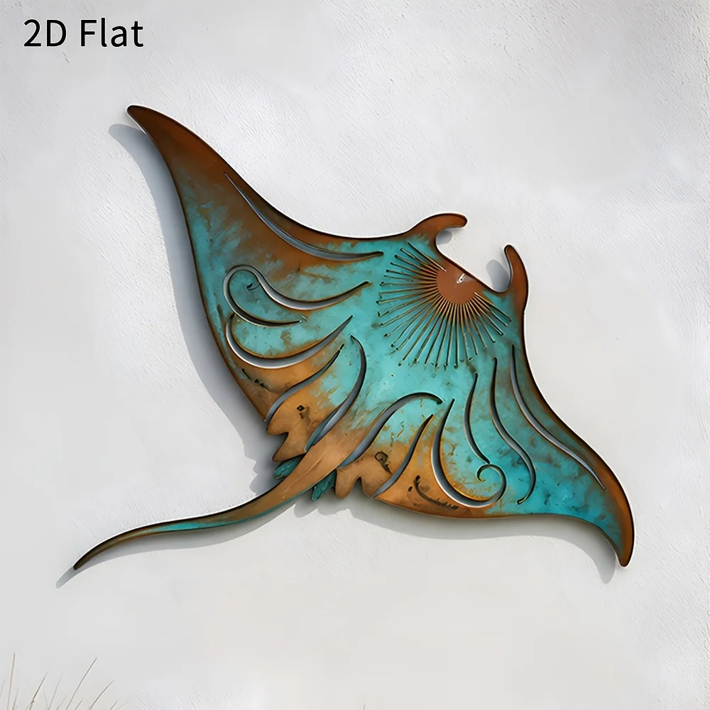 CIFBUY Metal Manta Ray Wall Art, 2D Flat Vintage Patina Manta Ray Iron Wall Decor, Coastal Nautical Metal Wall Hanging