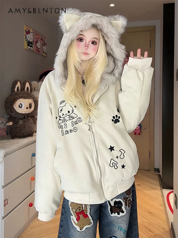 

Winter New Embroidered Cute Ear Hooded Fur Collar Apricot Cotton Jacket Loose College Style Thickened Black Cotton Coat