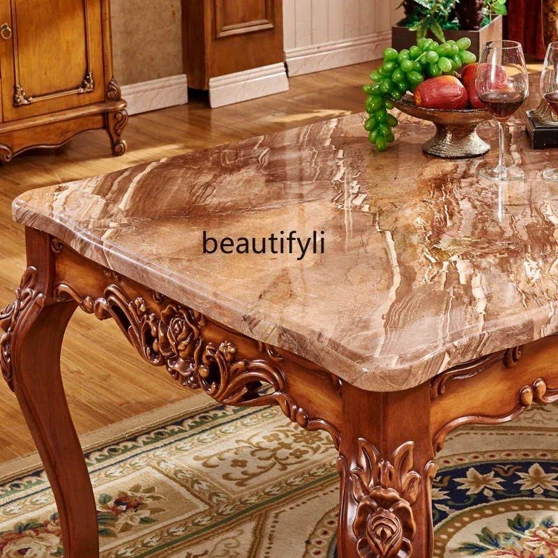 178European square table solid wood carving flower American neoclassical marble water-based paint rectangular dining table2936