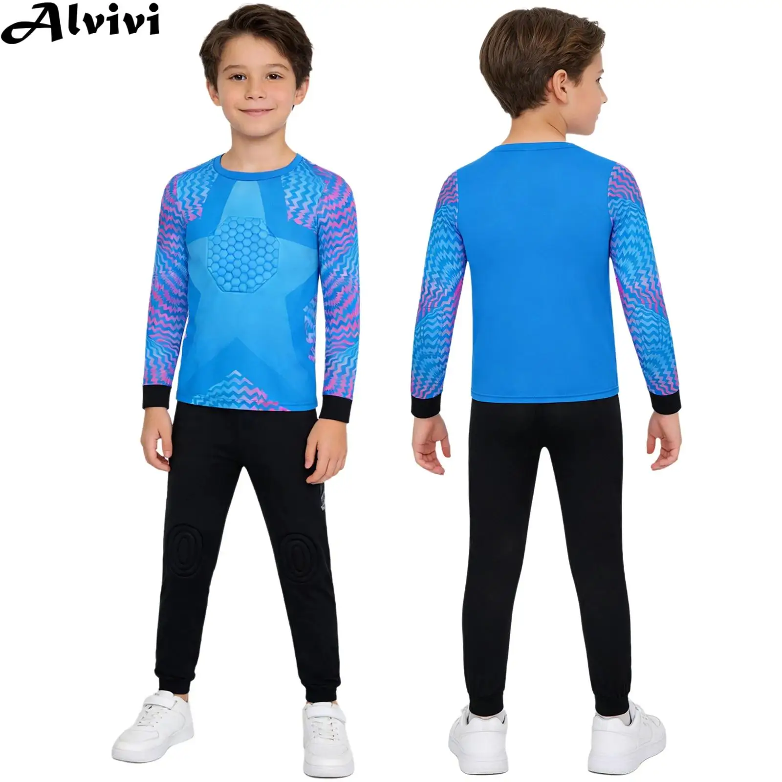Kids Boys Padded Soccer Goalkeeper Outfit Quick-Drying Goalie Uniform Jersey Top with Sweatpants for Football Training Match