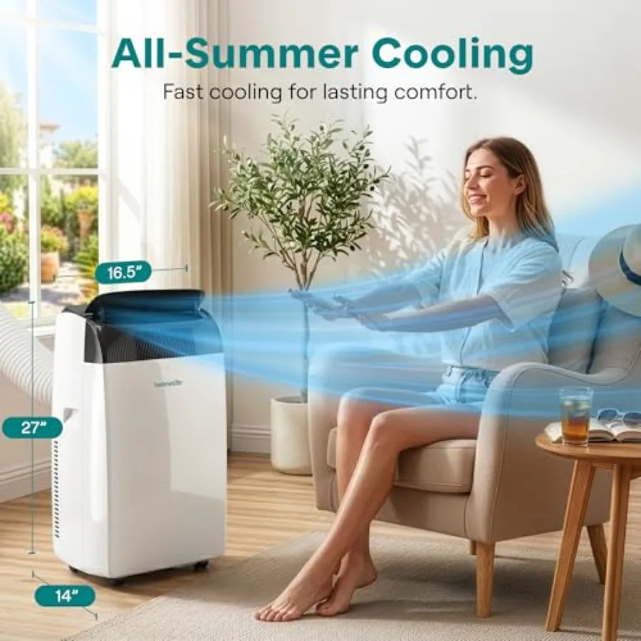 Portable AC unit for wide area climate control: 14, 000 BTU cooling, dehumidifier, heat, fan; compact standing design with wind