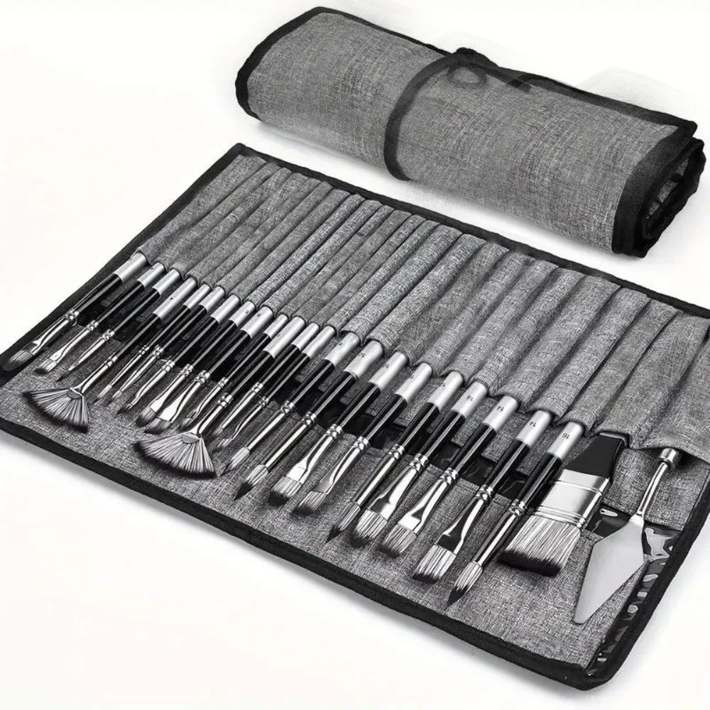 24pcs/set Wooden Handle Nylon Brush Set Nylon Hair Aluminum Tube Artist Paint Brushes DIY Art with Scraper Paint Brush Set