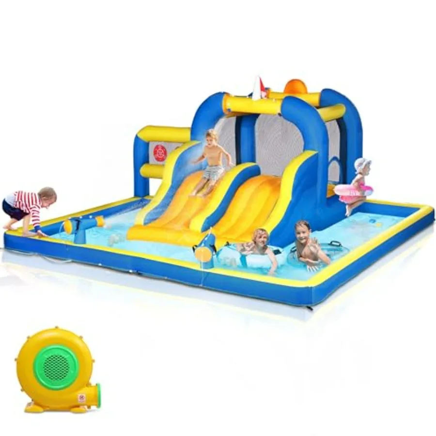 Outdoor inflatable bounce house with double water slide, PVC material, blue and yellow, splash pool and jumping area for kids a