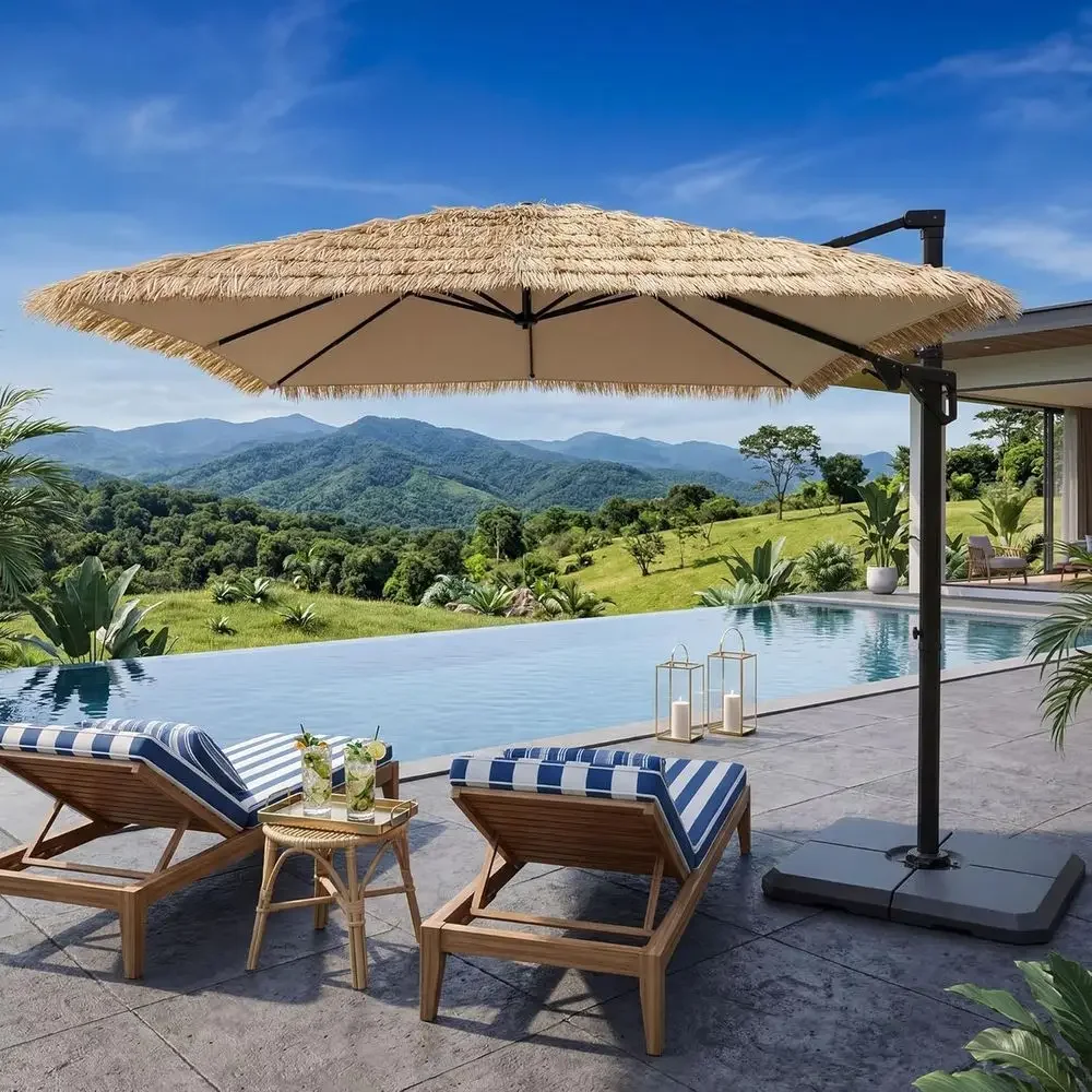 Extra Wide 10x10 Cantilever Tiki Umbrella with UPF 50+ for Patio, Garden, Beach, and Pool Areas