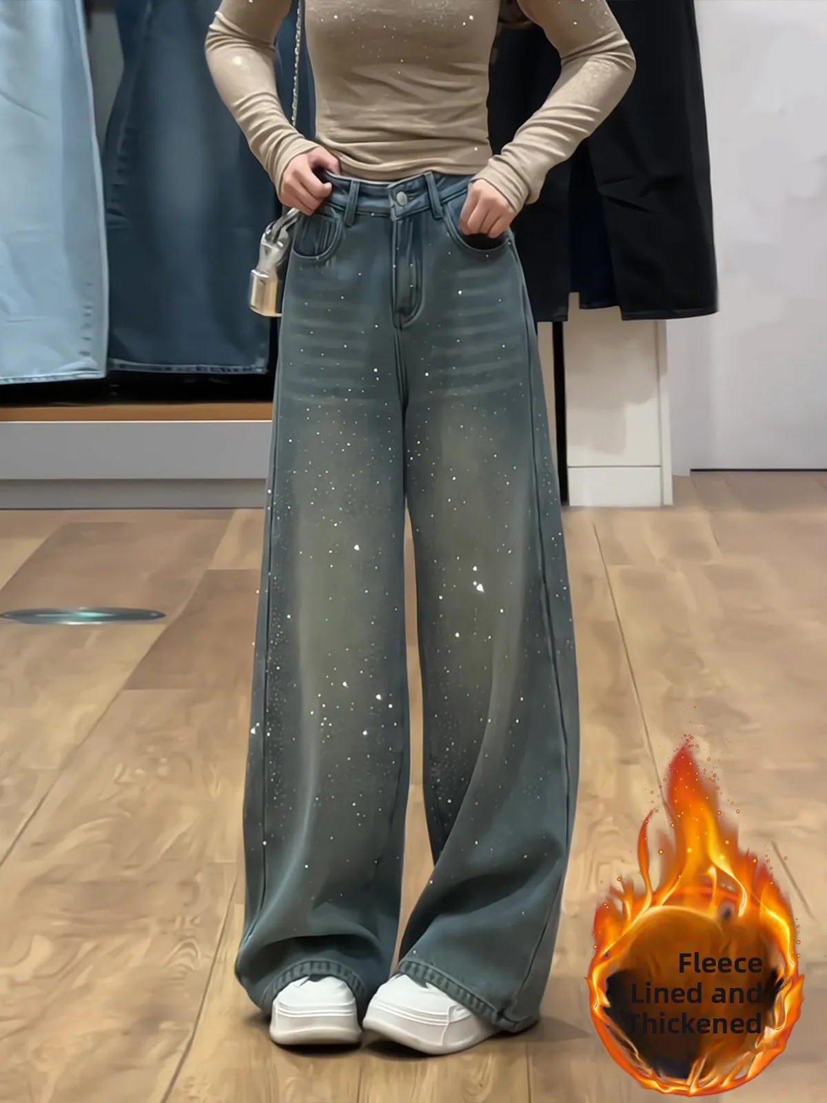 

Retro American Rhinestone Wide Leg Jeans Women's Winter Fce High Waist ket Design Slimming Long Pants Casual Sle