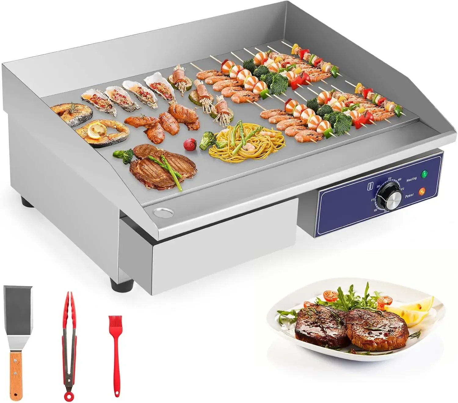 Commercial Griddle, 22" Electric Griddle 2000W, Cast Iron Griddle, Stainless Steel Frame, 122℉-572℉ Adjustable Temperature Contr