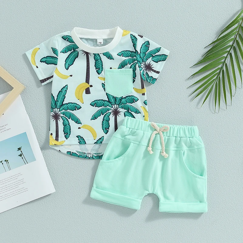 2023-04-21 Lioraitiin 0-3Years Toddler Baby Boy 2Pcs Summer Clothes Beach Tree Print Short Sleeve Crew Neck T-Shirts Shorts