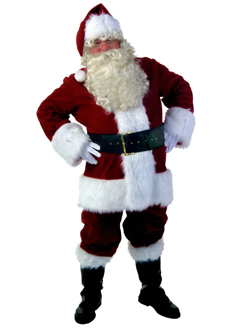 Santa Claus Costume 6PCS Christmas Complete Dress-Up Outfit For Adult Cosplay Santa Suit With Hat Beard Foot Covers For Men