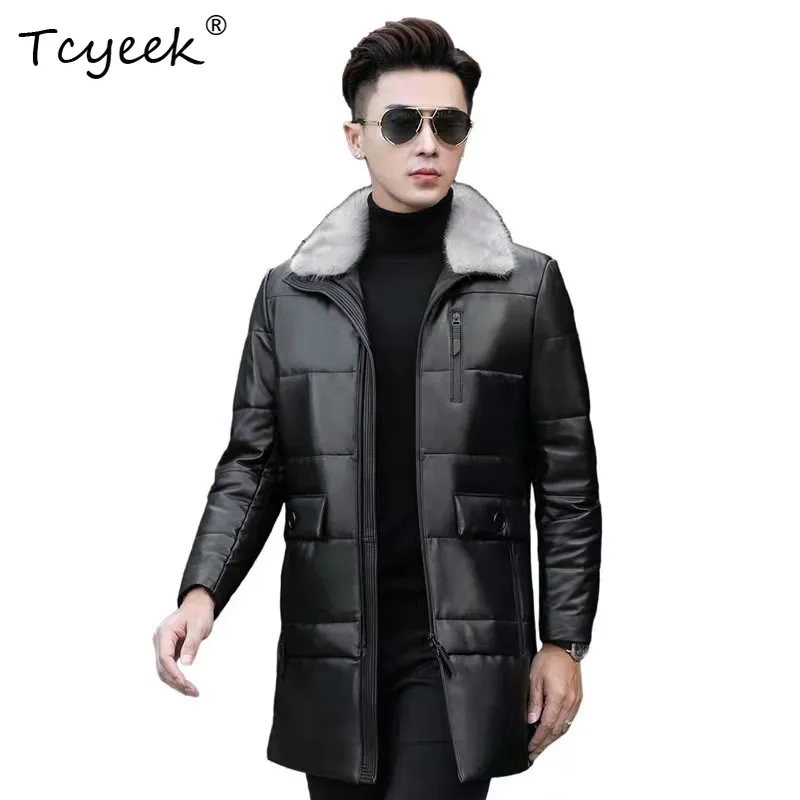 Tcyeek Genuine Leather Down Jacket Sheep Leather Jacket Mink Fur Collar Mid Length Coats Winter Warm Puffer Jacket 2026 Jaquetas