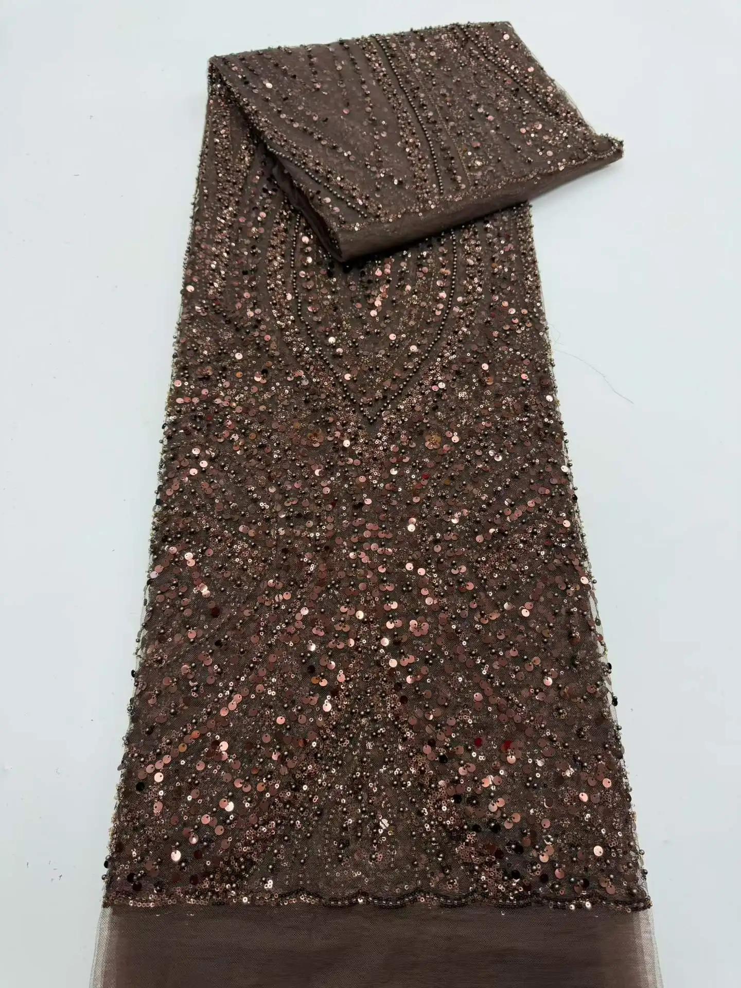 Brown African Beaded Mesh Lace Fabric Embroidery Sequins French Tulle Lace for Nigerian Wedding Party Dress 5 Yards SZ2703 image 3