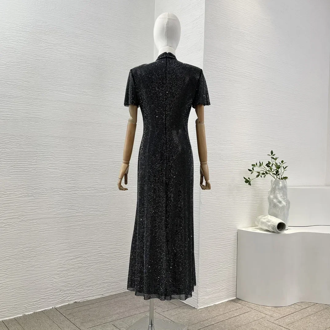 Summer Cross Pleated New Women Design Collection Party High Quality Short Sleeve Turtleneck Diamonds Trumpet Midi Dress