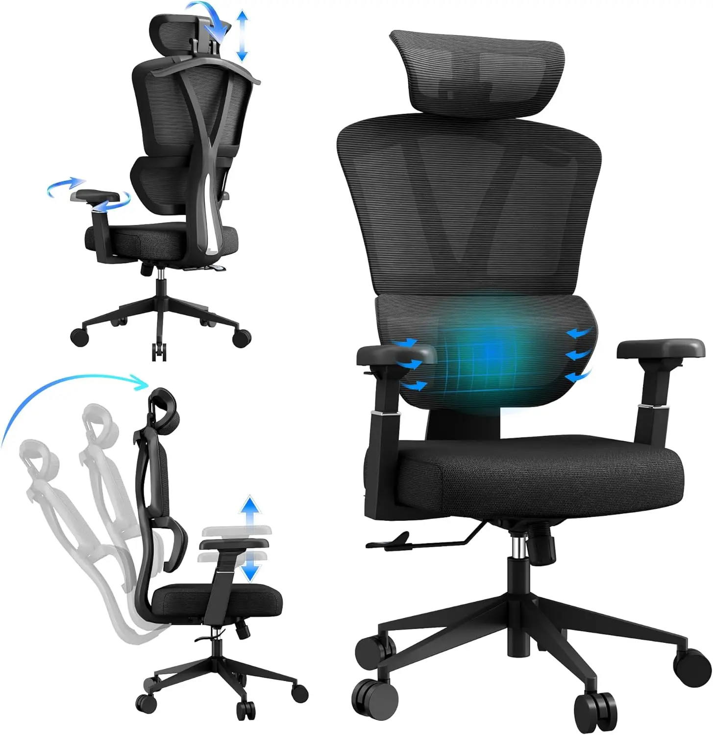 Black Mesh Ergonomic Office Chair with Lumbar Support, Adjustable Headrest, 3D Armrests, Tilt Lock for Home Office & Gaming