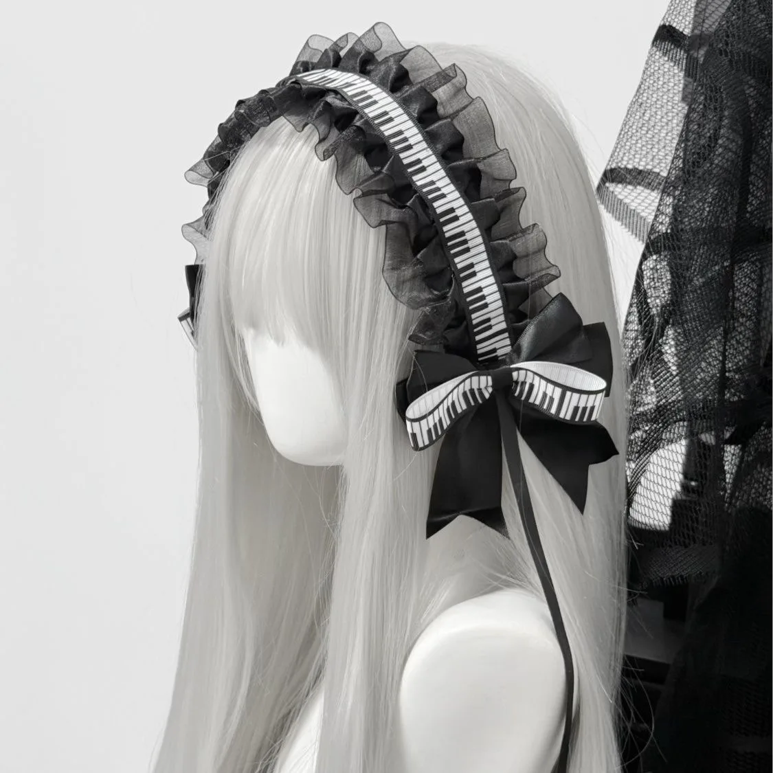 Touches de Piano noires et blanches faites à la main pour femmes, bandeau avec nœud en dentelle Lolita, coiffure gothique, accessoires pour cheveux