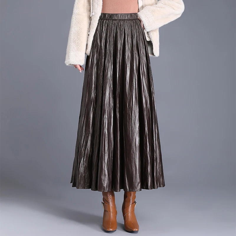 Solid PU Skirts Spring Casual Elastic Waistline Women Skirt Vintage Loose Pleated Skirt