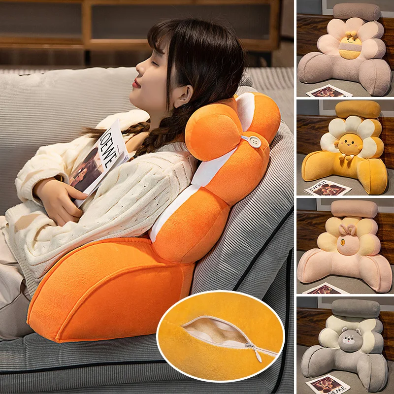Cartoon Flower Bed Backrest Pillow Soft Plush Reading Cushion with Neck Support Ergonomic Waist Lumbar Pillow for Bed Office