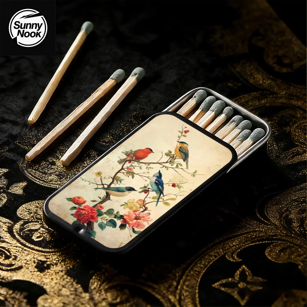 Oriental Garden Match Box, Flower Bird Peony Pattern, Holds 20 Matches, Exquisite Gift & Trinket Storage (No Matches)