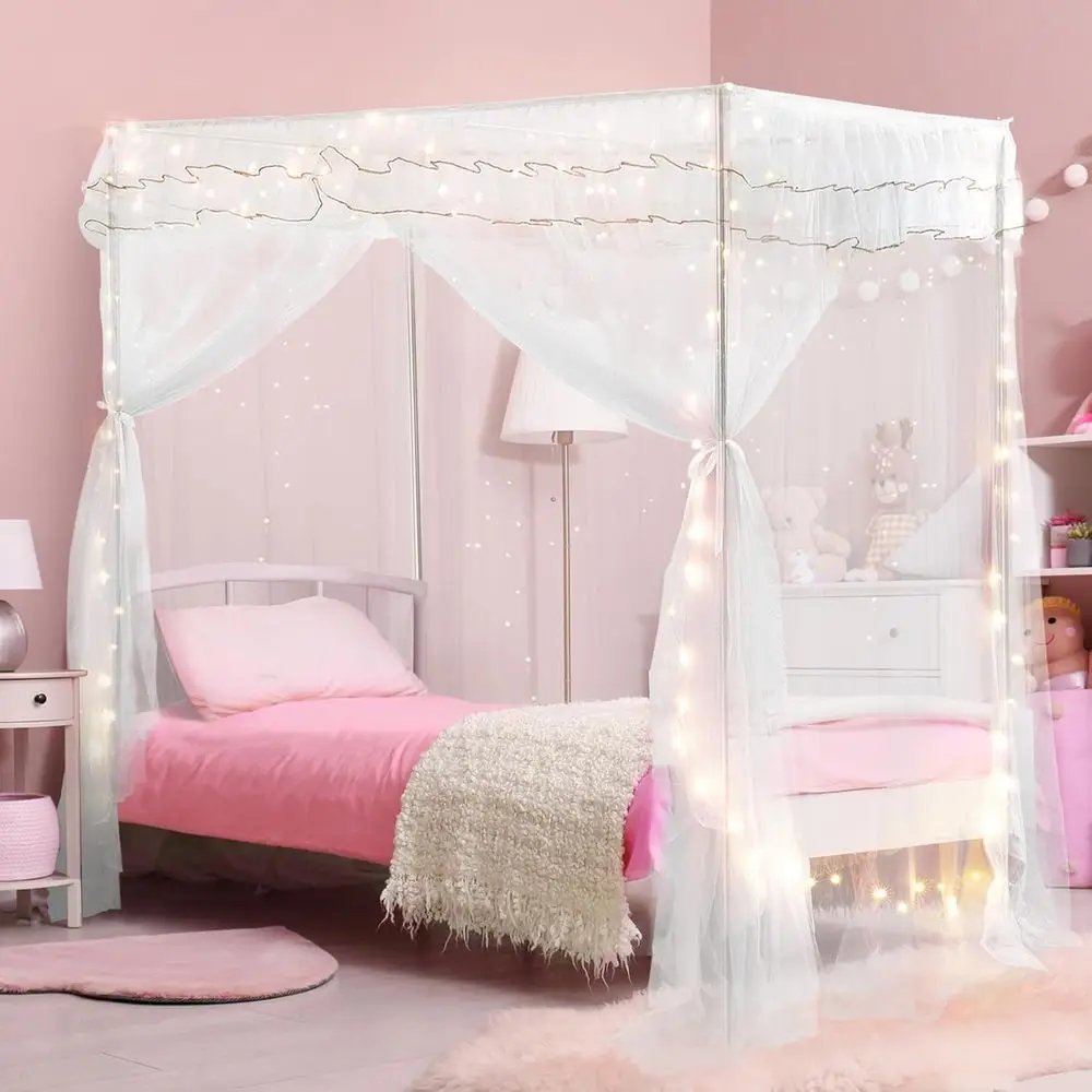 Twin Size Bed with Lights, Luminous Stars, Bed Curtains, Twin Bed Kid Indoor Decor Bedroom, Poster, White (78×39×78)