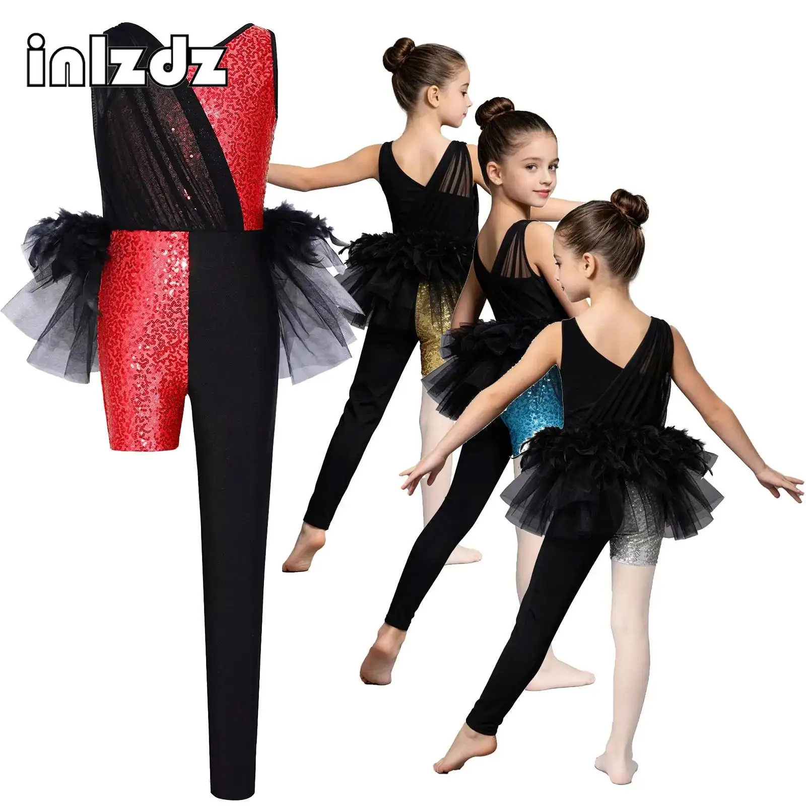 

Kids Girls Latin Jazz Dance Unitard Dress Color Block Feather Tulle Skirted Rompers for Rumba Cha-cha Ballroom Ballet Gymnastics