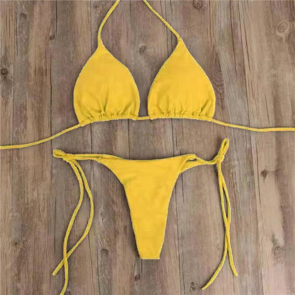 Women's Halter Bras Thongs Swimming Bikinis Set Swimsuit Lace-up Brazilian Swimwear Fashion Solid Color Ladies Bathing Suit