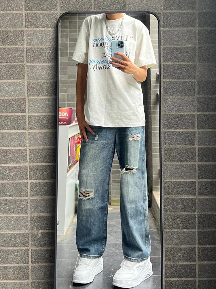 بنطلون جينز أزرق ممزق للرجال صيفي فضفاض مستقيم غير رسمي بنطلون طويل مغسول عتيق ملابس شبابية مقاومة للقطن والبوليستر