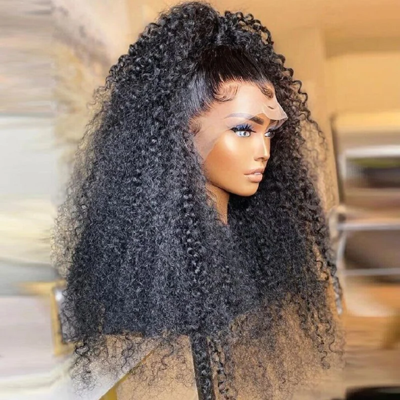 

Deep 26 inch Long Soft Black 180 Density Glueless Kinky Curly Lace Front Wigs For African Women Babyhair PrePlucked Daily