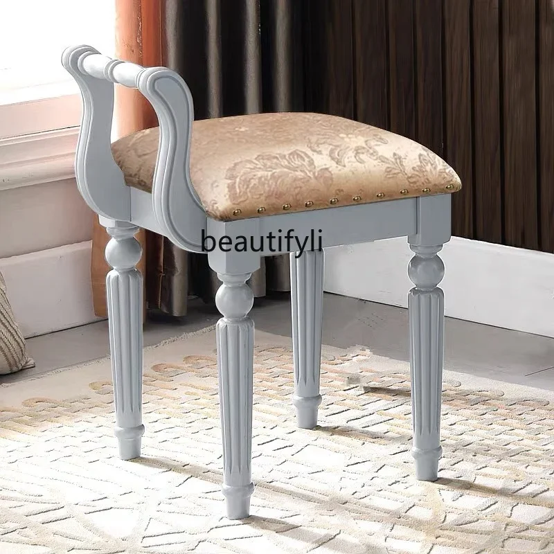 European dressing stool American makeup stool Solid wood backrest Dressing chair Nail stool Simple fabric soft bag