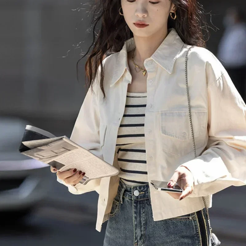 Koszule Safari Damskie Chłopięce Fajne Wiosenne Krótkie Streetwear Ulzzang Biurowe Eleganckie Osobowość Szyk Vintage Podstawowe Luźne 2023